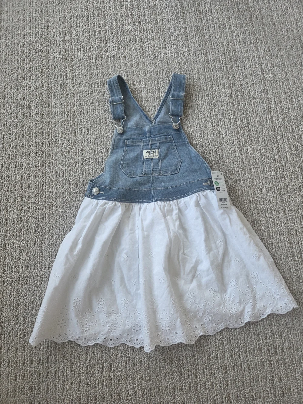 OshKosh B'gosh Blue Denim Overall Dress with White Eyelet Skirt